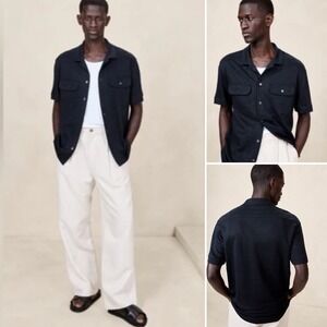 NWT‎ Banana Republic Linen French Terry Resort Shirt MEDIUM Navy Chest Pockets